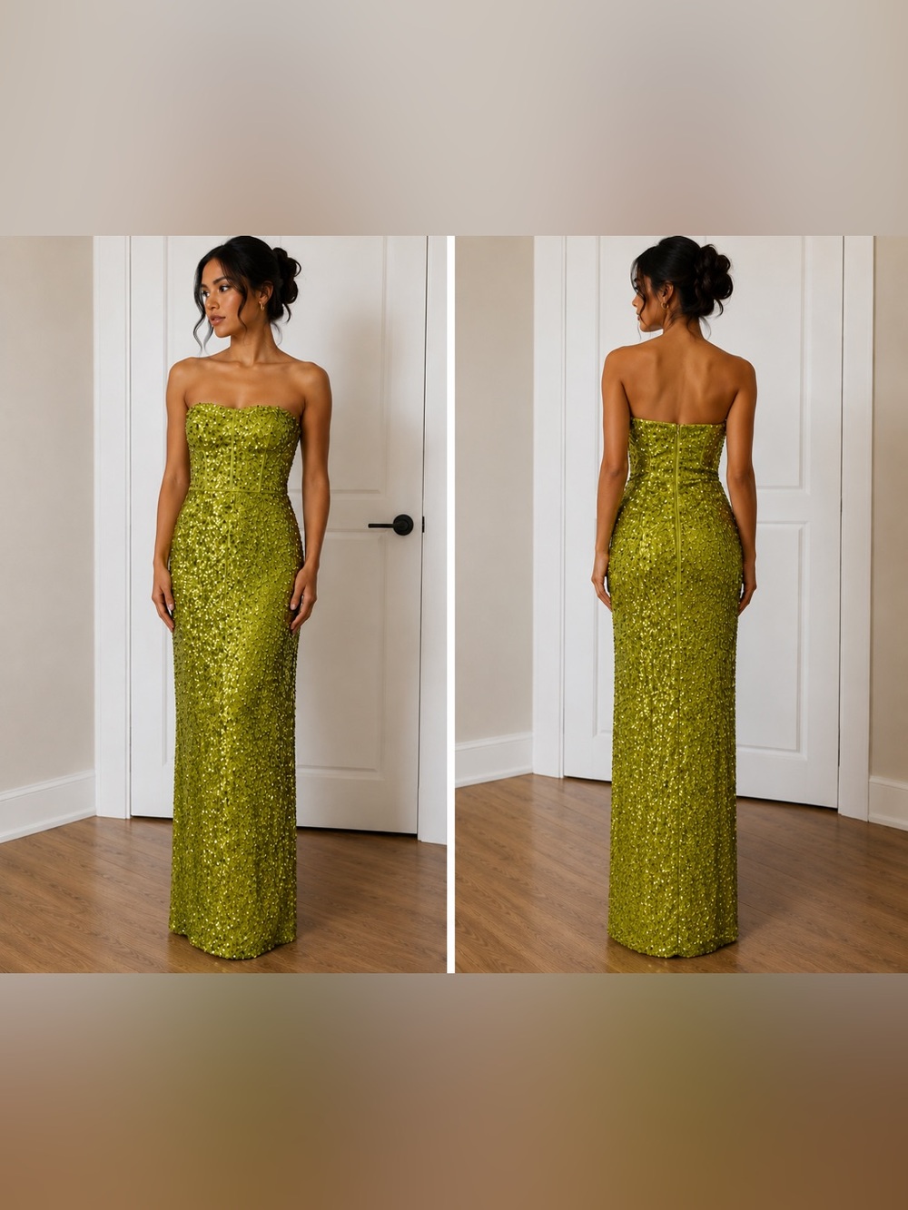 Fashion Nova Olive Green Sequin Strapless Gown
